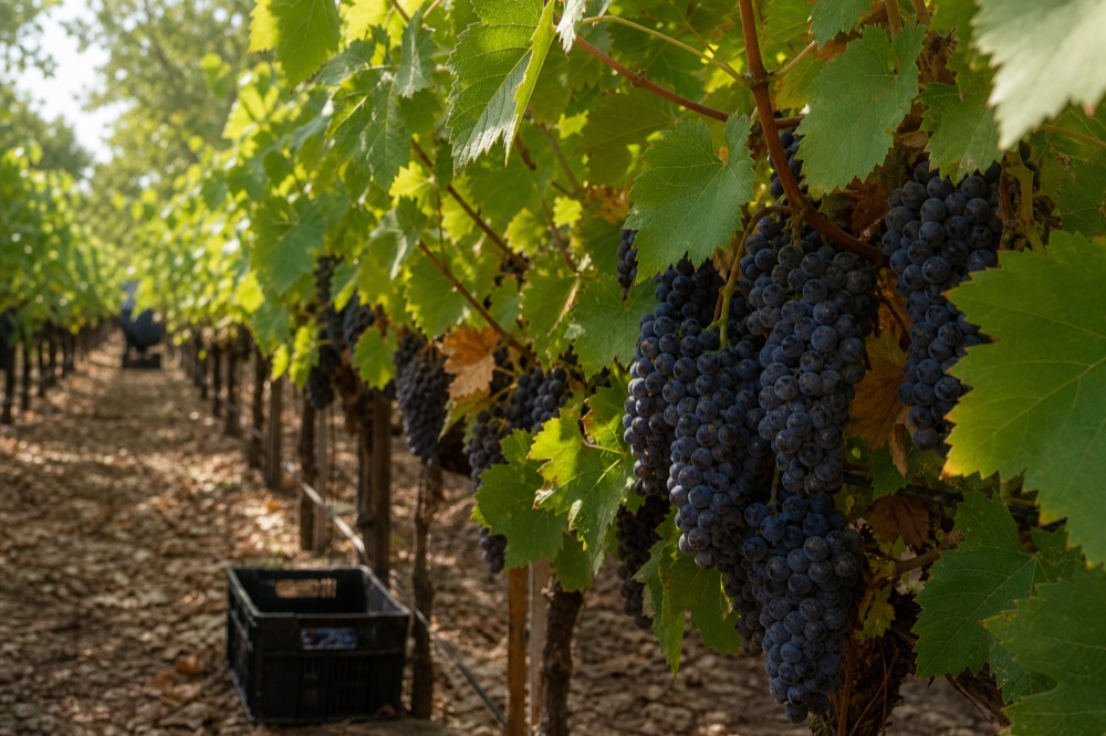 Close view of ripe dark grape bunches on the vine with green leaves, a picking crate just visible, soft morning light, no people or labels.