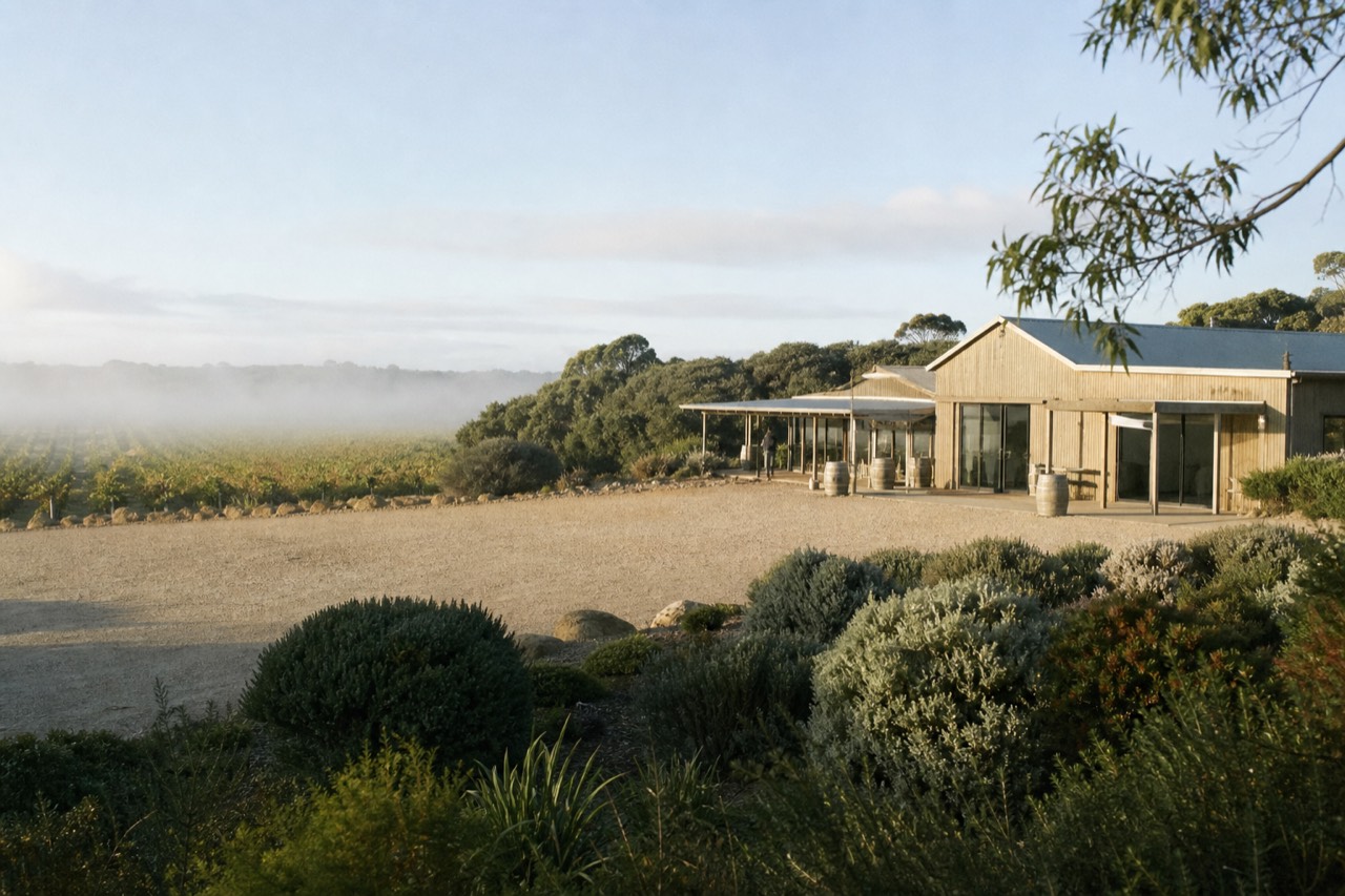 A small cluster of timber tasting-room buildings beside vine rows in late-morning light, empty gravel car area, low coastal scrub behind, no branding or text.