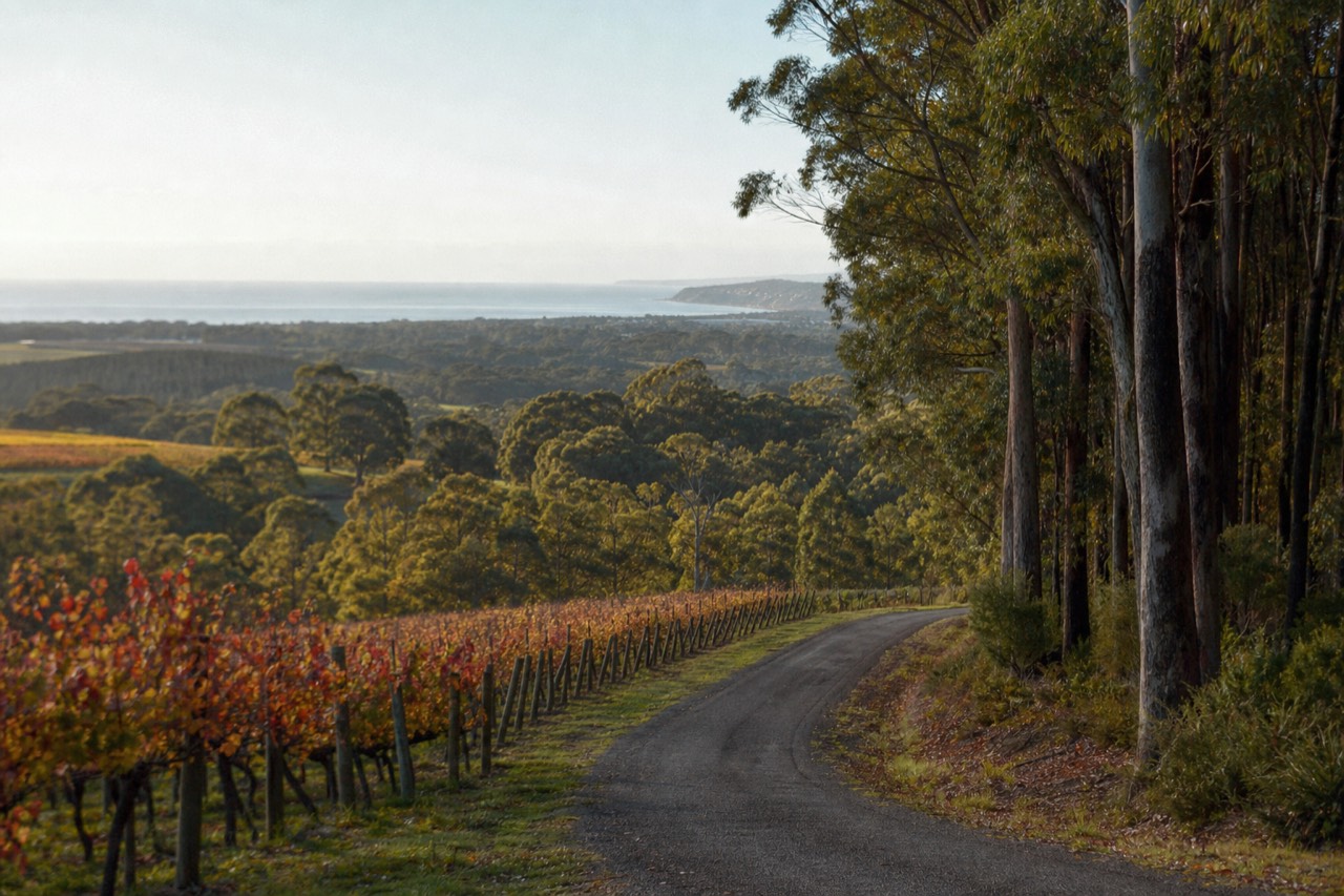 A winding country road cutting through vineyard rows and tall karri forest under soft morning light, a distant line of coast beyond the hills, no signage, cars or people.