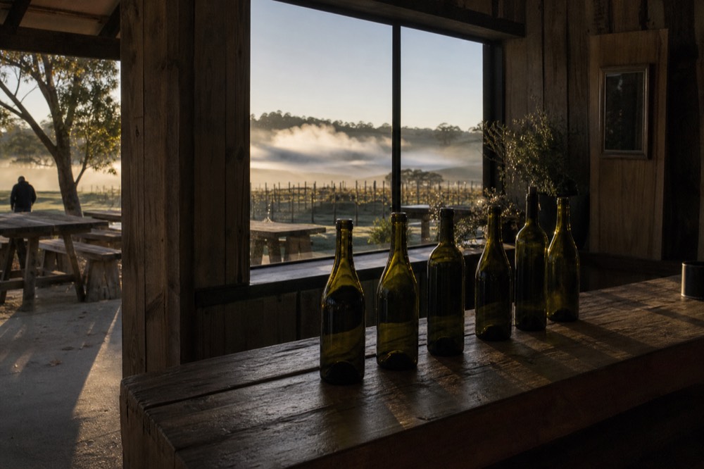 A rustic timber tasting room interior with a small handful of unlabelled bottles on a plank counter, low golden light through a side window, no branding or people.
