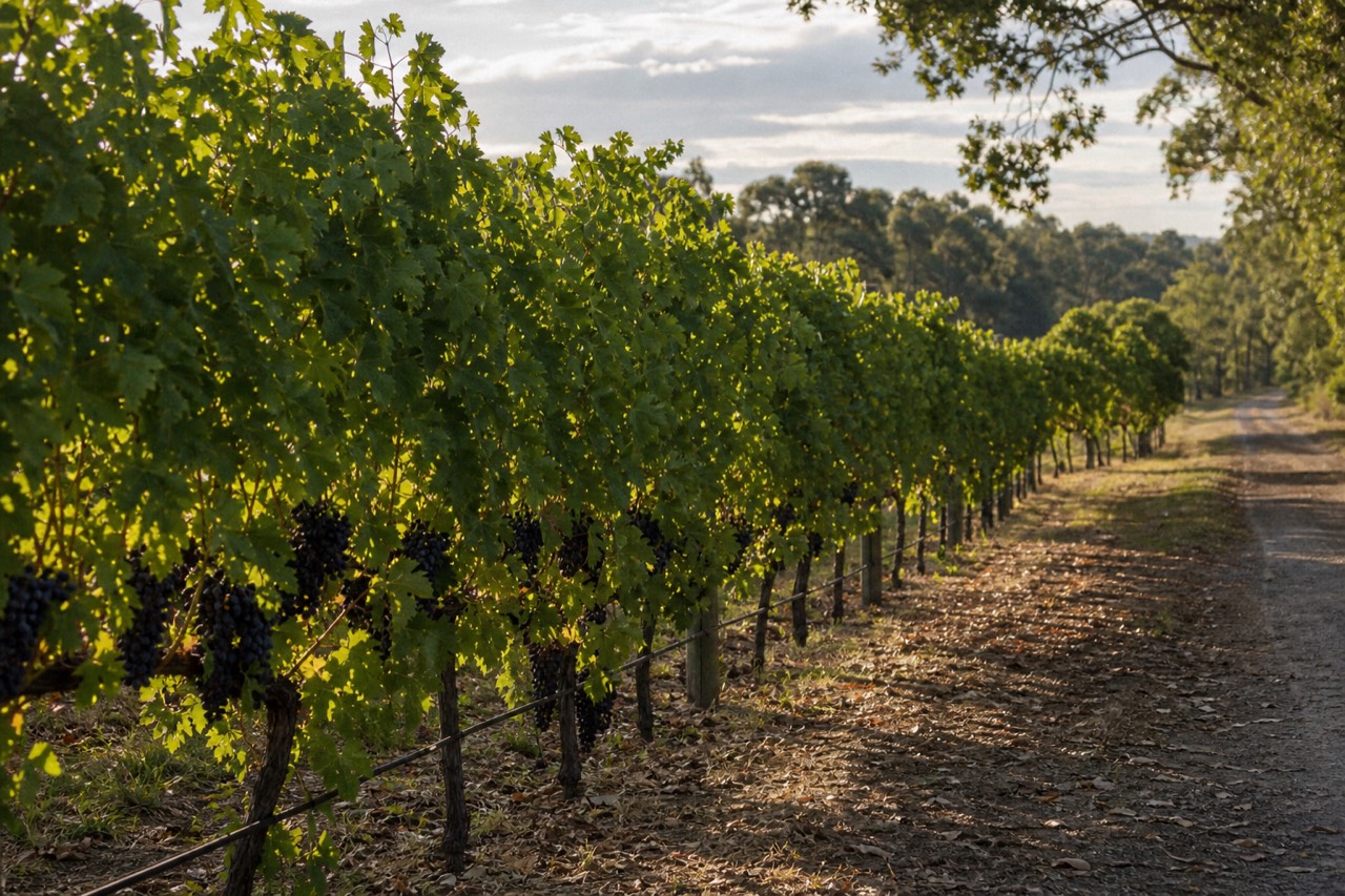 Rows of Cabernet vines heavy with dark fruit under a wide South West sky, a distant tree line and a gravel track, warm late-afternoon light, no signage or people.