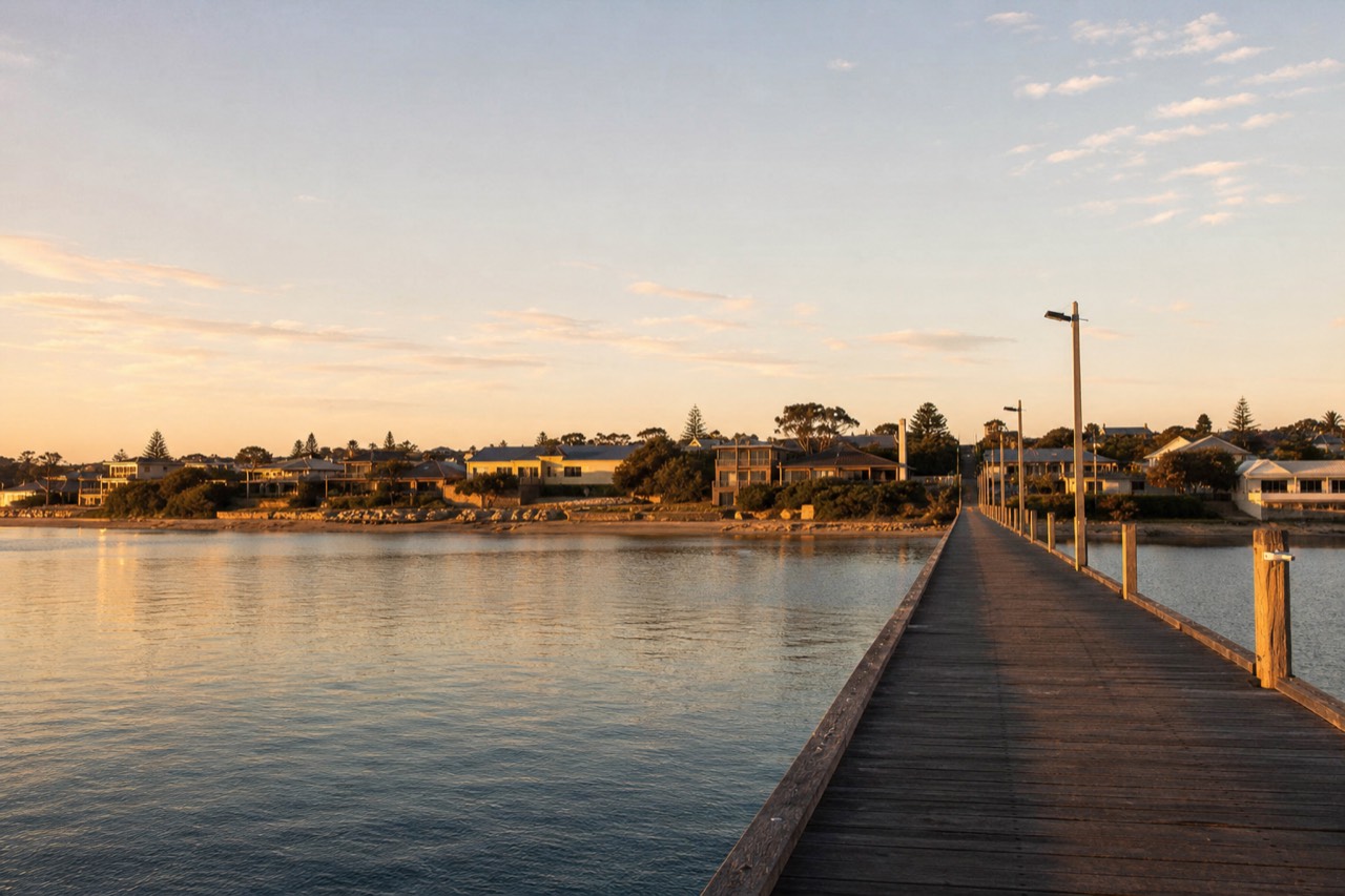 A coastal holiday town at dusk seen from a long timber jetty stretching into calm bay water, low buildings along the foreshore, warm sky, no signage or people.