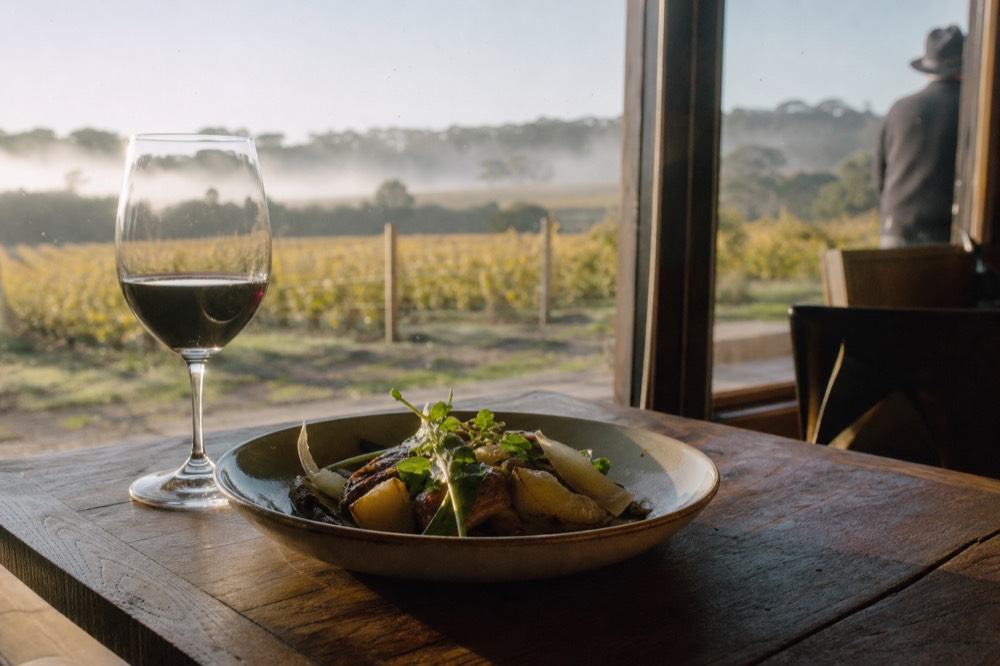 A plated course of local produce on a rustic ceramic dish beside a glass of red wine on a timber table, vineyard blurred beyond a window, warm light, no branding or text.