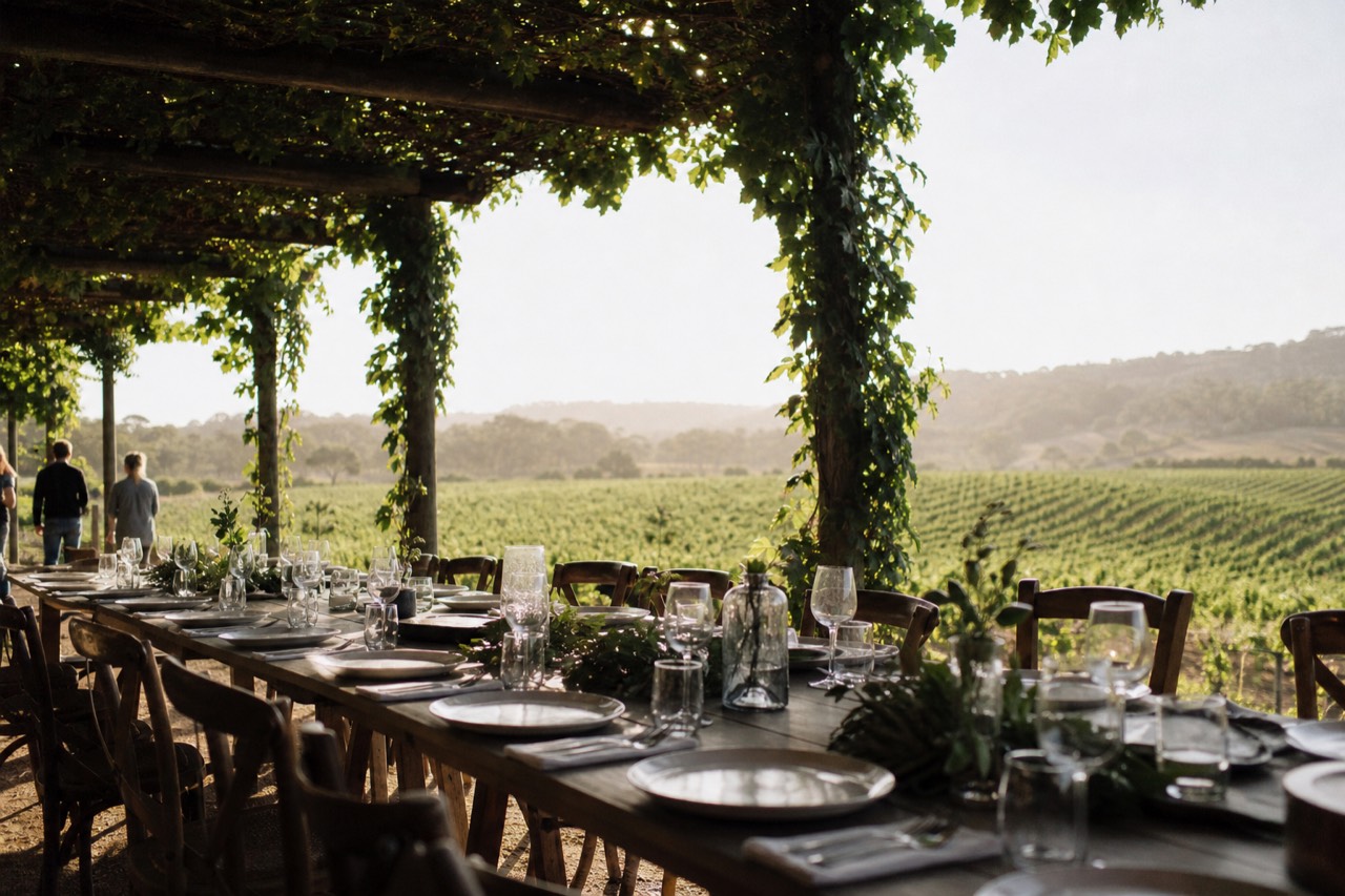 A long communal dining table set under a vine-covered pergola overlooking rows of vines, plates and glasses ready, warm afternoon light, no branding, menus or people.