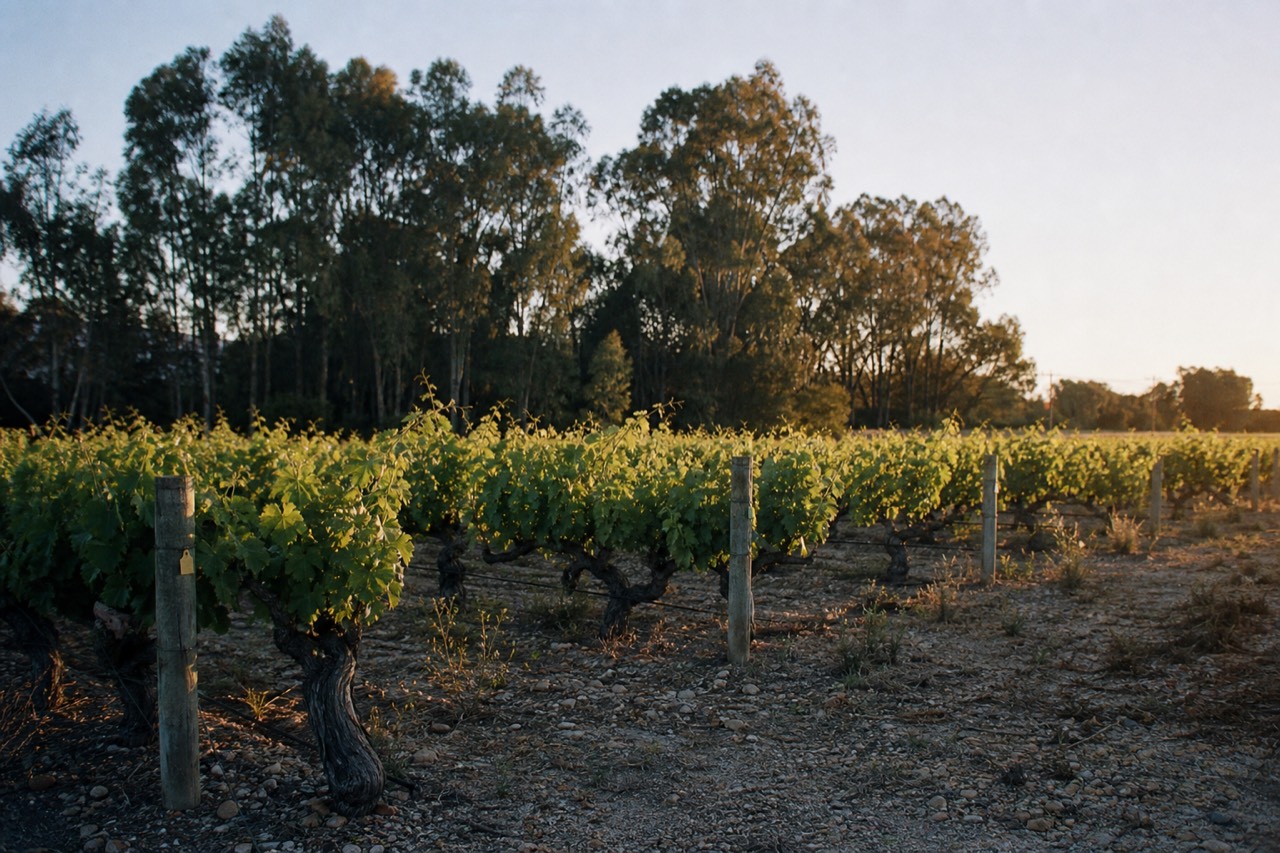 An old vineyard with mature, thick-trunked vines in neat rows on gravelly soil, a line of tall gum trees behind, soft golden morning light, no signage or people.