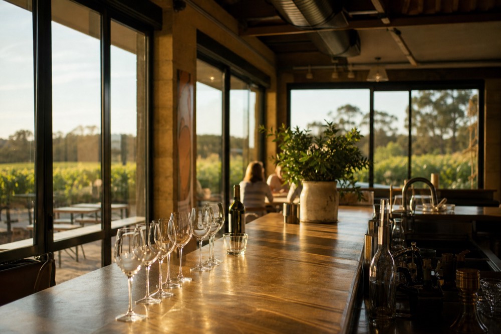 A bright cellar-door tasting room with a long counter, glasses set out in a row and tall windows looking onto vines, warm daylight, no branding or people.
