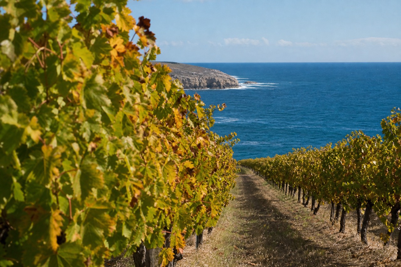 A coastal vineyard on a headland above limestone sea cliffs, rows of vines running toward the ocean under bright afternoon light, no signage, buildings or people.