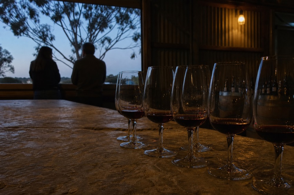 A cellar-door tasting bench with several unlabelled wine glasses holding small pours, a stone counter, soft natural light through a window, no branding or text.