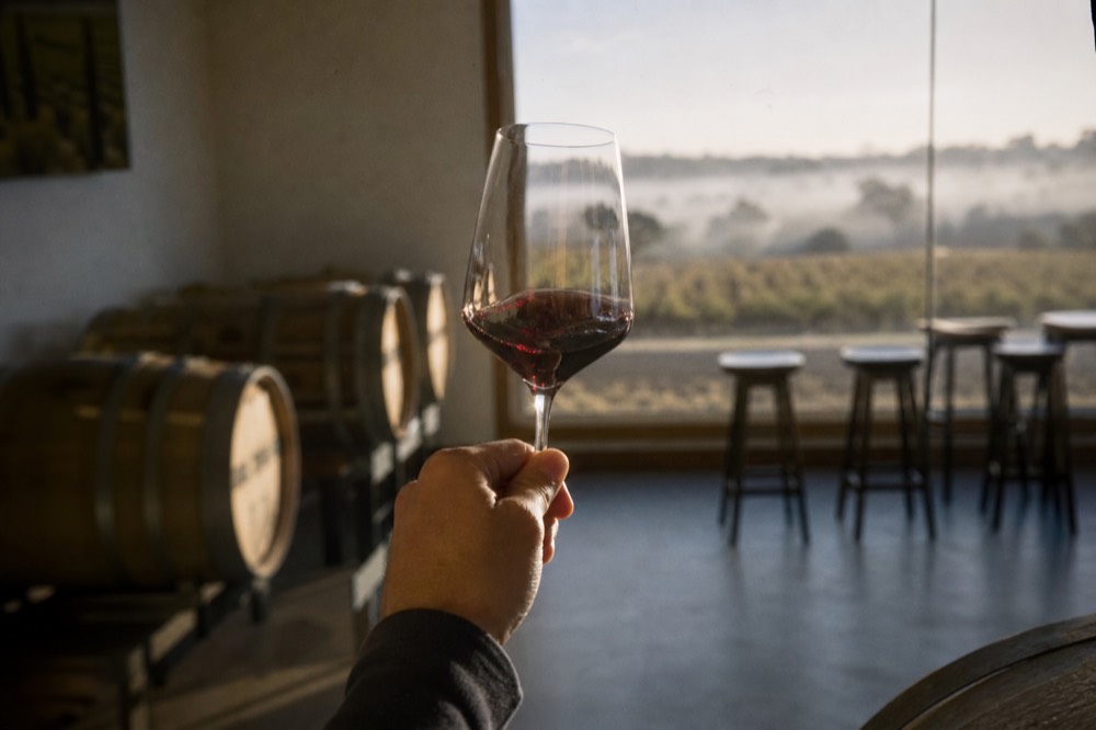 A hand holding a glass of red wine up to soft window light in a cellar door, blurred barrels behind, no labels or branding visible.