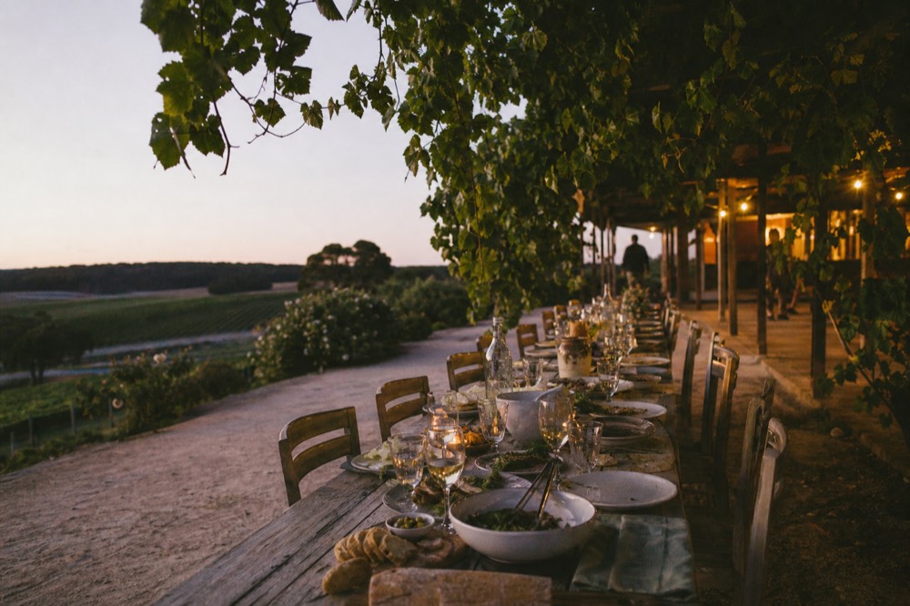 A long outdoor table set for a shared lunch beside a vineyard, plates of local food and unbranded wine glasses, greenery overhead, warm midday light, no diners.