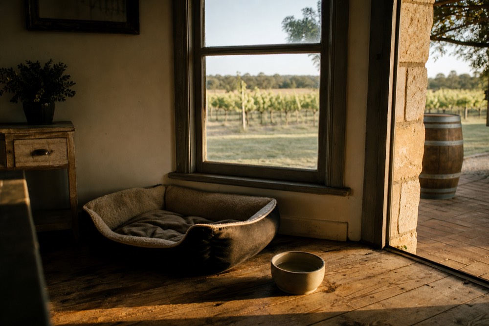 A cosy country cottage interior with a dog bed by a window looking out to vines, warm daylight across timber floors, a bowl of water on the floor, no people.