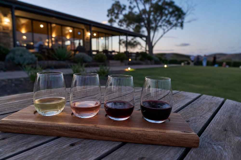 A wooden tasting paddle holding small pours from pale white to deep red on an outdoor table beside a lawn, soft daylight, no logos or text.