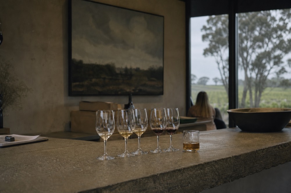 A cellar-door bench with unlabelled wine glasses beside a small beer glass, soft window light over a stone counter, no branding or text.
