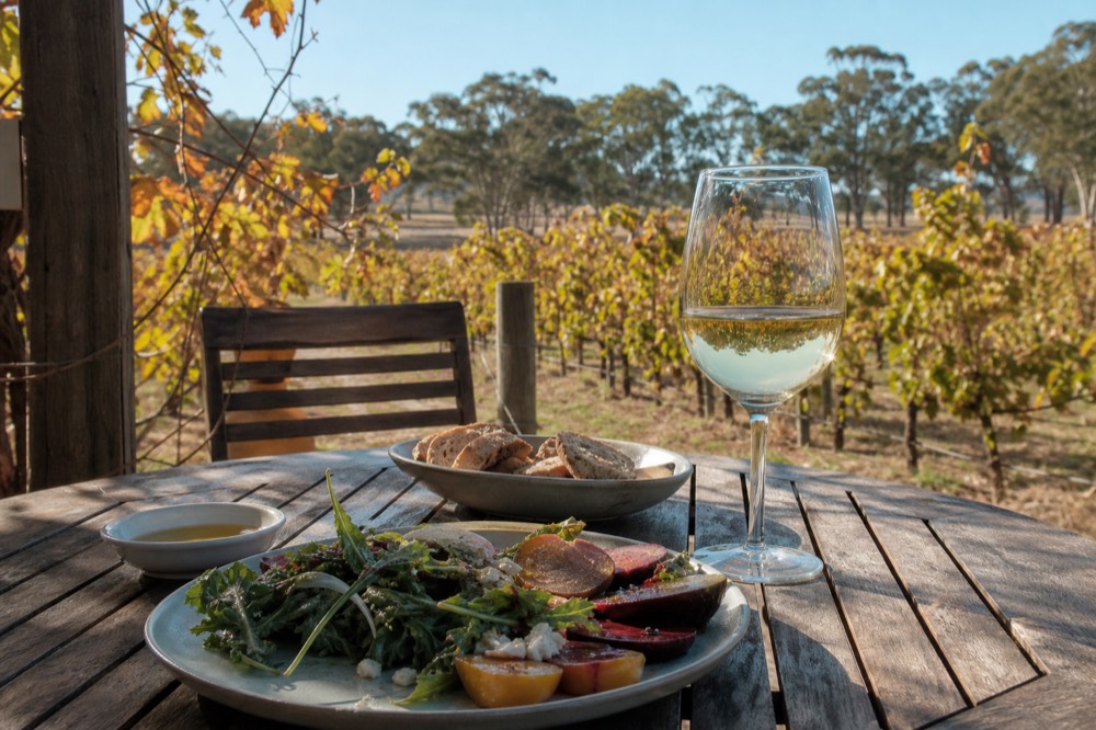 A relaxed lunch plate of seasonal food and a glass of white wine on a timber terrace table, vine rows and a line of gum trees beyond, warm midday light, no branding or text, no people.