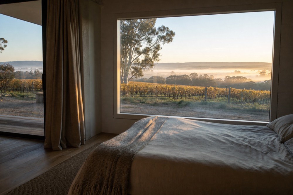 An interior of a vineyard guest room with large windows framing rows of vines and low hills, morning light across a simple bed and timber floor, no people or branding.