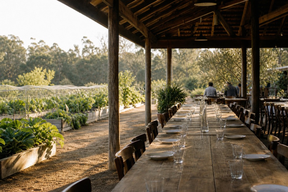 A long communal timber table set under a pitched timber roof beside a kitchen garden, rows of vegetables and herbs in raised beds nearby, unbranded plates and glasses, soft daylight, no diners visible.