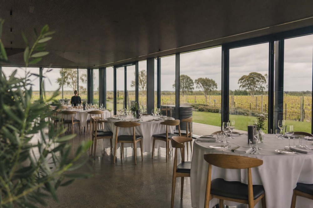 A refined winery dining room with high ceilings and full-height windows opening onto a lawn and vineyard, tables set with white linen and unbranded glassware, soft even light, no diners or signage.