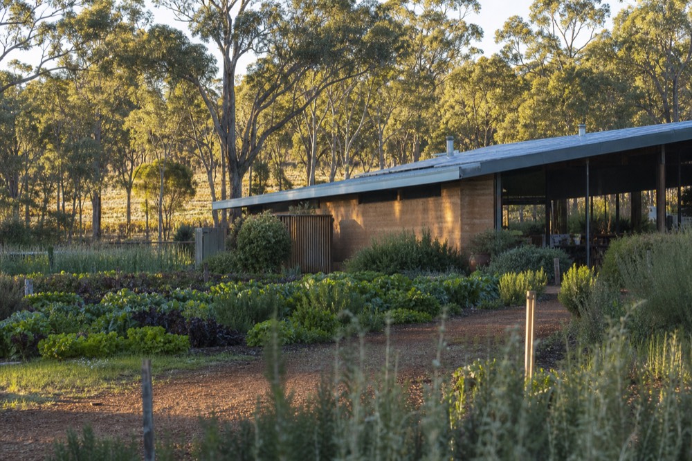 A rammed-earth farm restaurant building beside a productive market garden of leafy greens and herbs, a vineyard behind, solar panels on a low roofline, clear daylight, no signage or people.