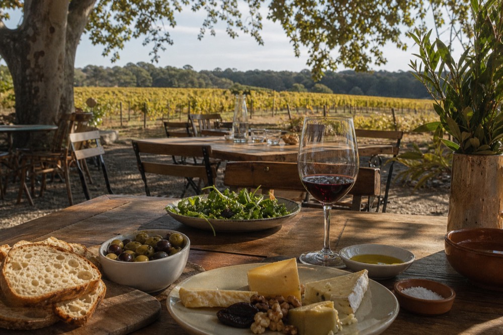 A relaxed terrace lunch beside a vineyard with a spread of local cheese, bread, olives and a glass of red, greenery and vines in the background, warm afternoon light, no diners or branding visible.